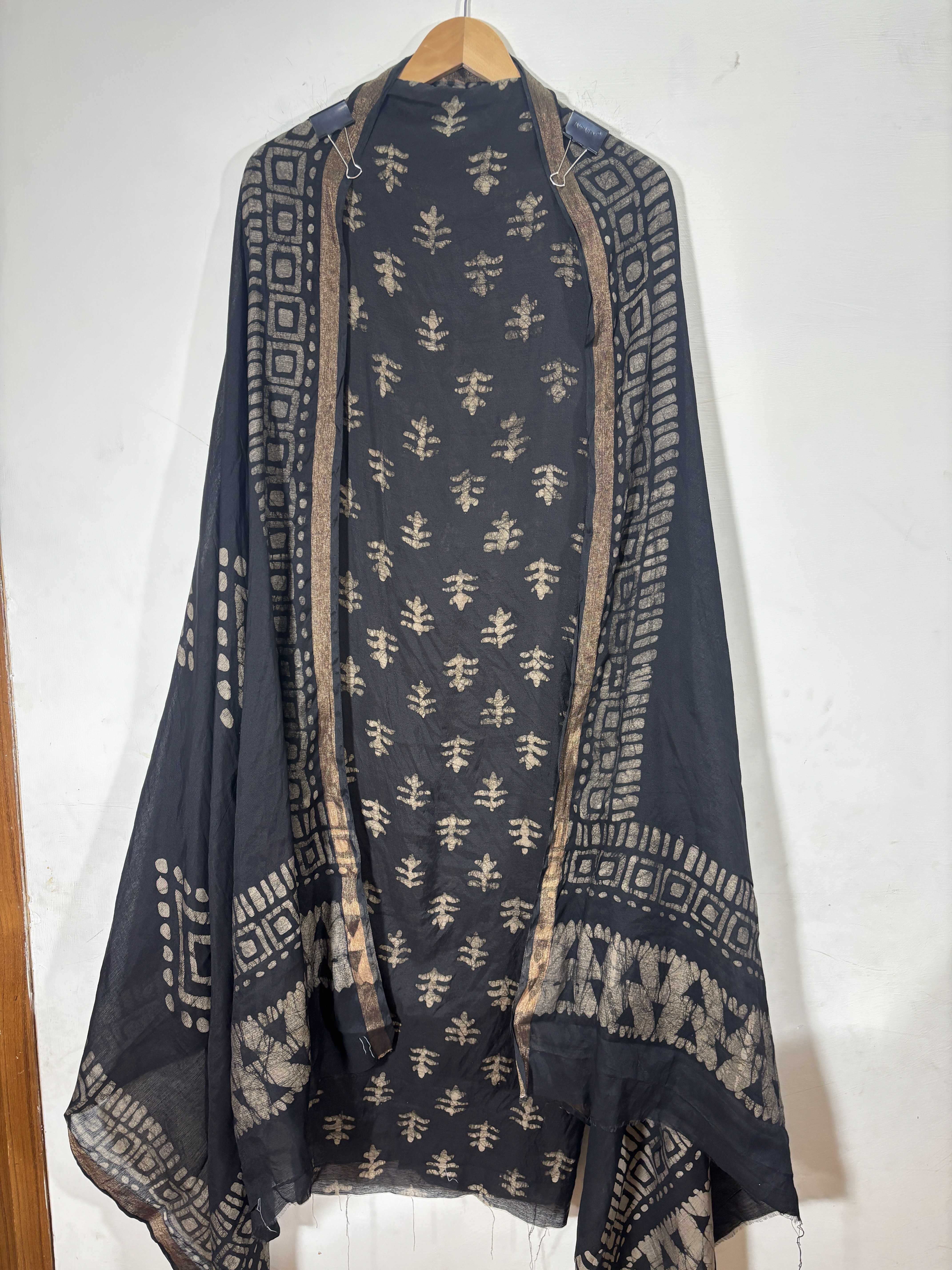 black maheshwari silk block print suit