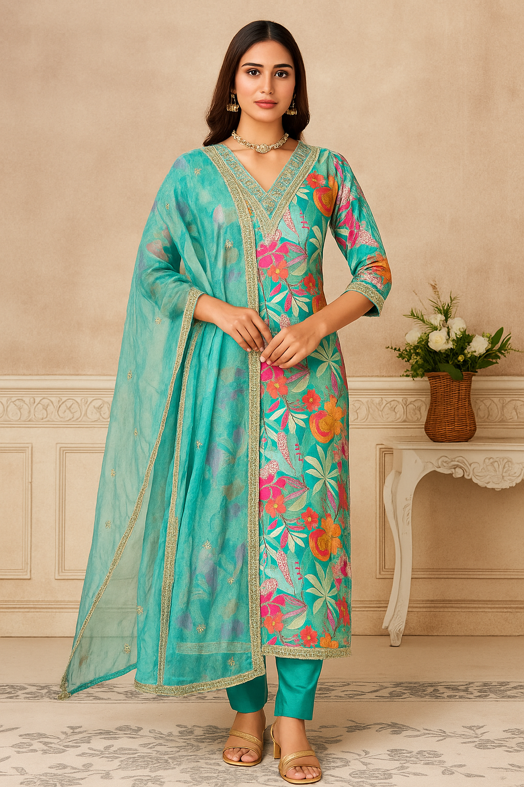 sea green silk embroidery neckline suit
